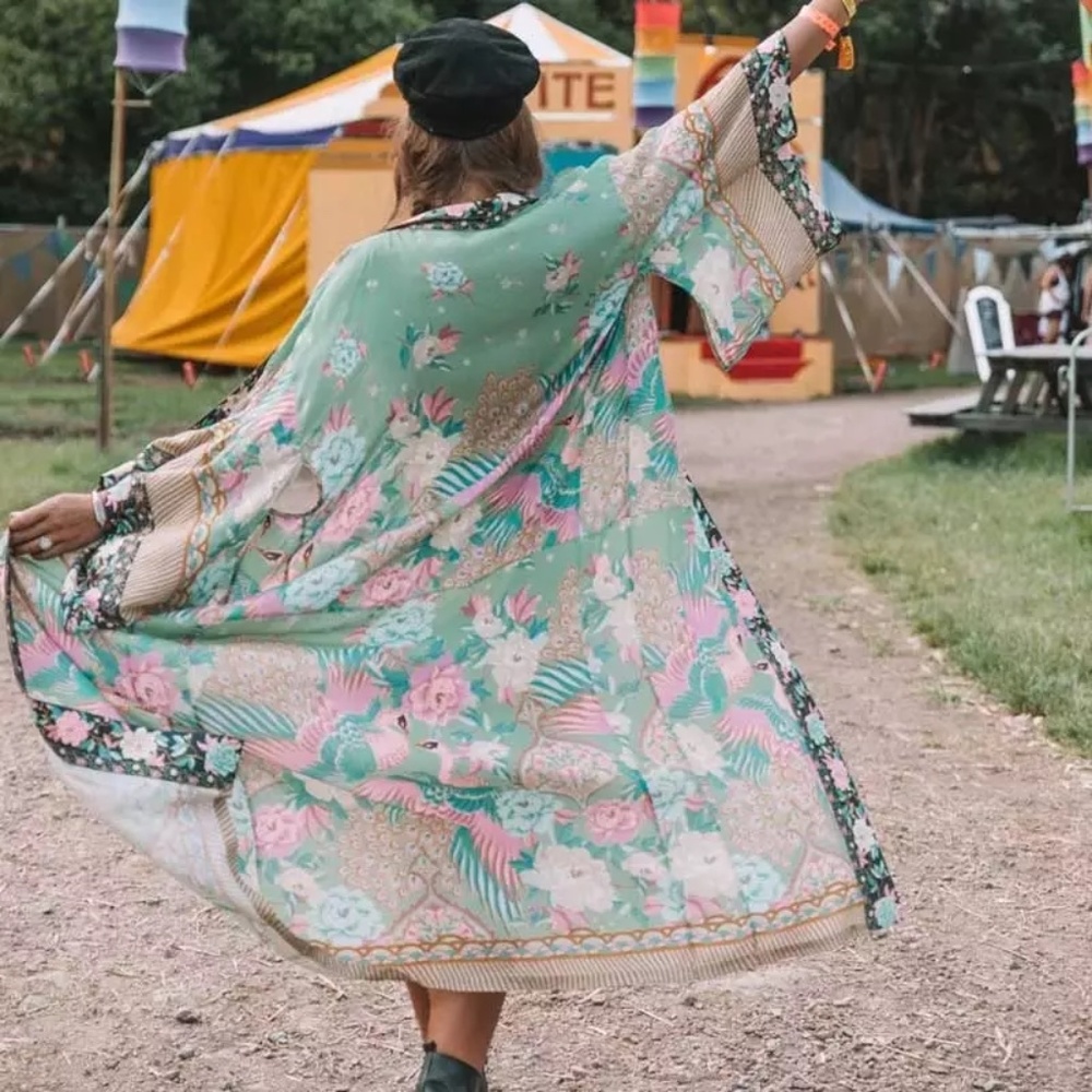 Boho Green floral print belt long boho kimono Cover up - Picture 7 of 11
